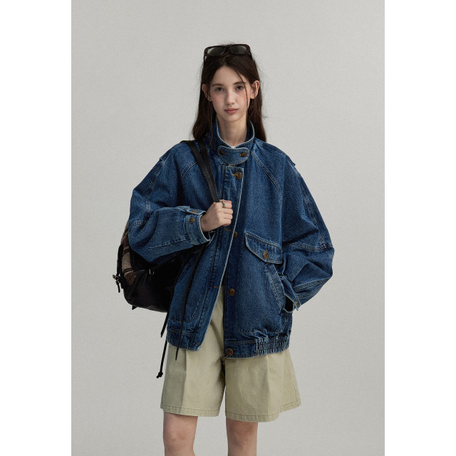 歐美復古感 牛仔翻領立領廓形感飛行員夾克外套