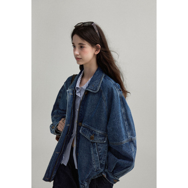 歐美復古感 牛仔翻領立領廓形感飛行員夾克外套