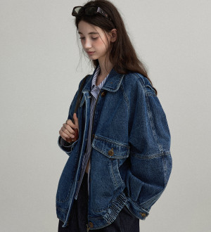 歐美復古感 牛仔翻領立領廓形感飛行員夾克外套