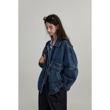 歐美復古感 牛仔翻領立領廓形感飛行員夾克外套