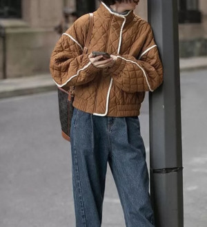 撞色滾邊設計 菱格夾棉休閒廓形寬鬆夾克外套