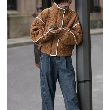 撞色滾邊設計 菱格夾棉休閒廓形寬鬆夾克外套