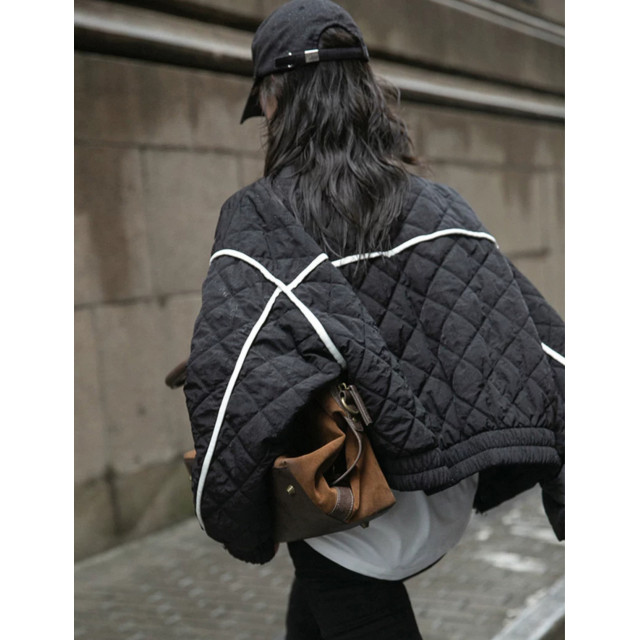 撞色滾邊設計 菱格夾棉休閒廓形寬鬆夾克外套