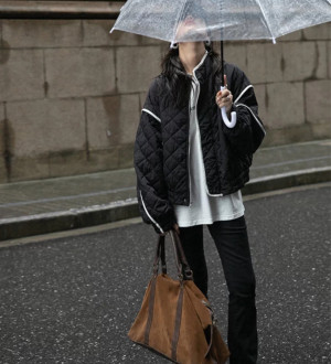 撞色滾邊設計 菱格夾棉休閒廓形寬鬆夾克外套