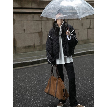 撞色滾邊設計 菱格夾棉休閒廓形寬鬆夾克外套