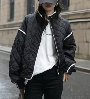 撞色滾邊設計 菱格夾棉休閒廓形寬鬆夾克外套