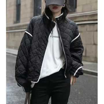 撞色滾邊設計 菱格夾棉休閒廓形寬鬆夾克外套