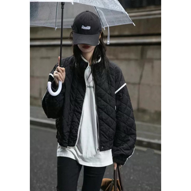 撞色滾邊設計 菱格夾棉休閒廓形寬鬆夾克外套