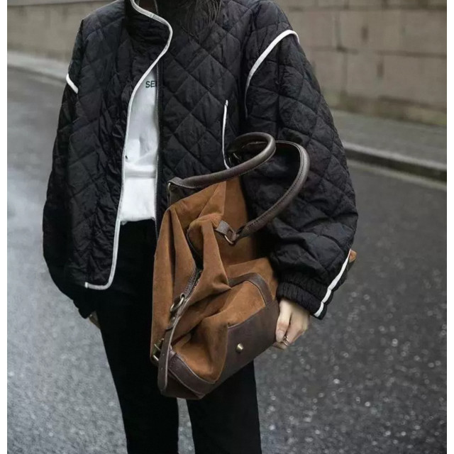 撞色滾邊設計 菱格夾棉休閒廓形寬鬆夾克外套