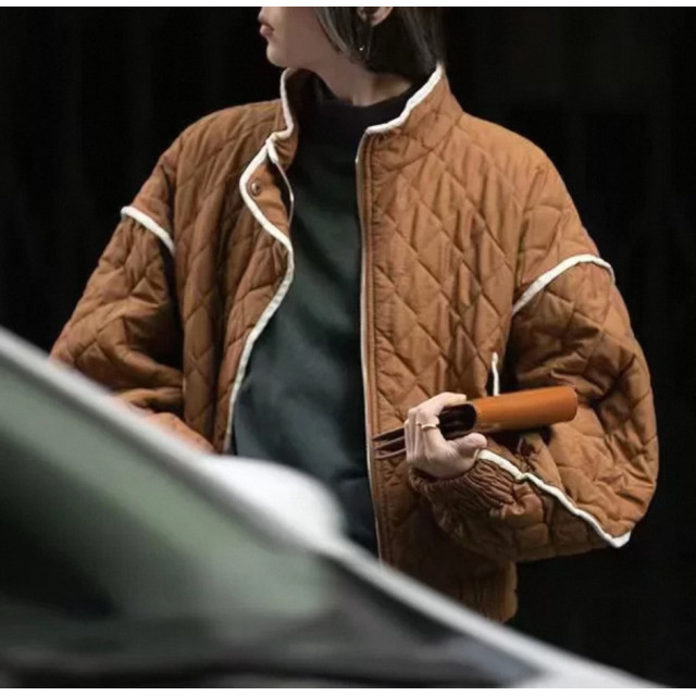 撞色滾邊設計 菱格夾棉休閒廓形寬鬆夾克外套