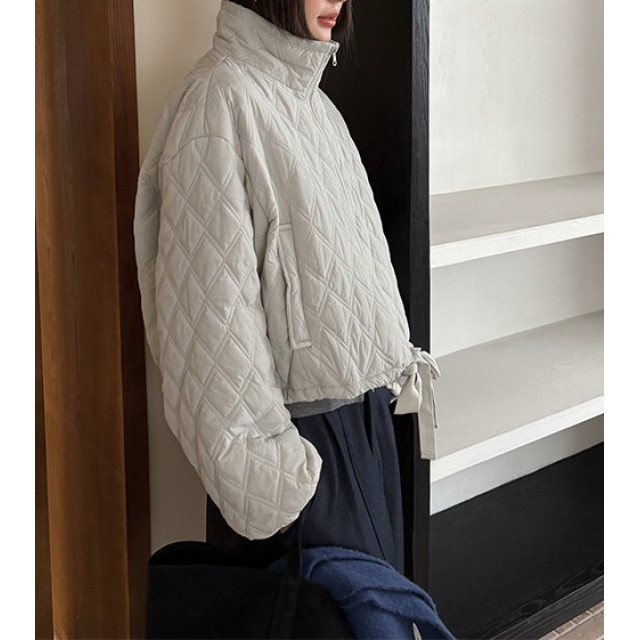 休閒立領菱格絎縫車格棉服抽繩外套