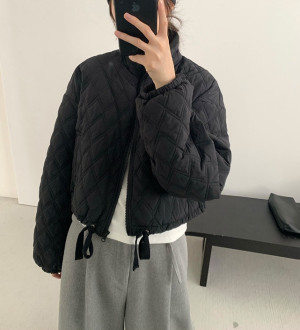 休閒立領菱格絎縫車格棉服抽繩外套