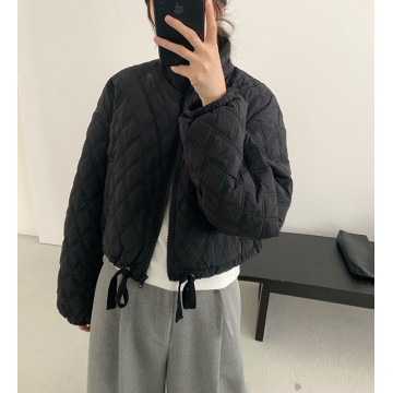 休閒立領菱格絎縫車格棉服抽繩外套