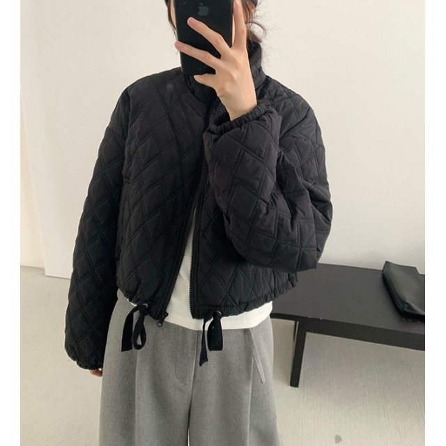 休閒立領菱格絎縫車格棉服抽繩外套