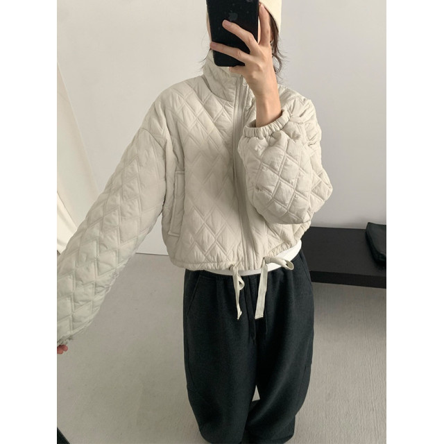 休閒立領菱格絎縫車格棉服抽繩外套