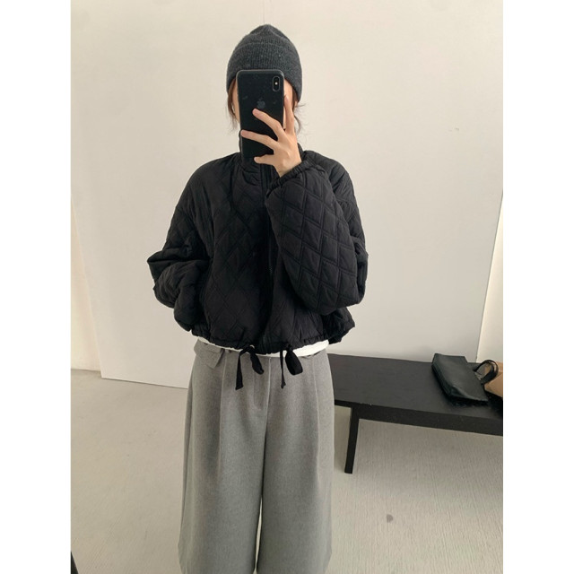 休閒立領菱格絎縫車格棉服抽繩外套