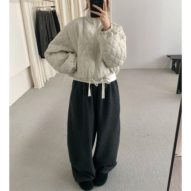 休閒立領菱格絎縫車格棉服抽繩外套