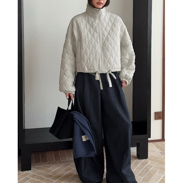 休閒立領菱格絎縫車格棉服抽繩外套