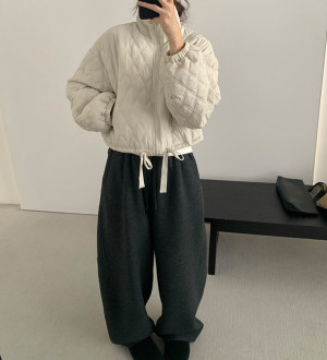 休閒立領菱格絎縫車格棉服抽繩外套