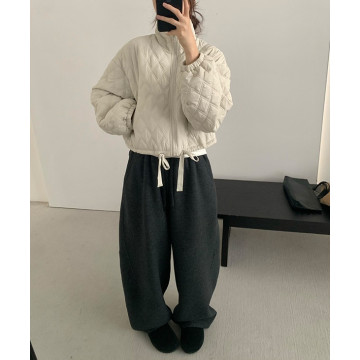 休閒立領菱格絎縫車格棉服抽繩外套