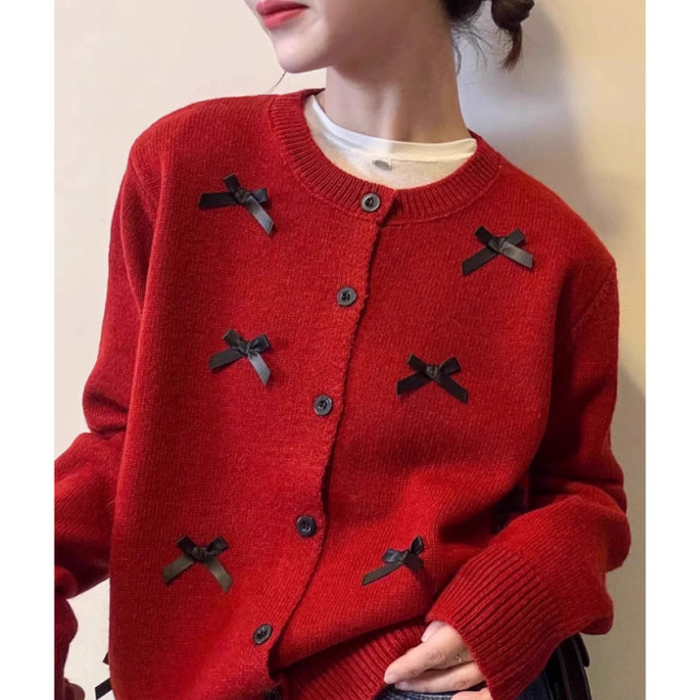 氛圍感甜美韓系立體蝴蝶結圓領針織開衫外套