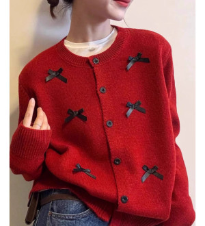 氛圍感甜美韓系立體蝴蝶結圓領針織開衫外套