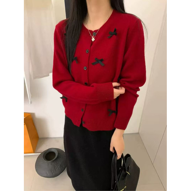 氛圍感甜美韓系立體蝴蝶結圓領針織開衫外套