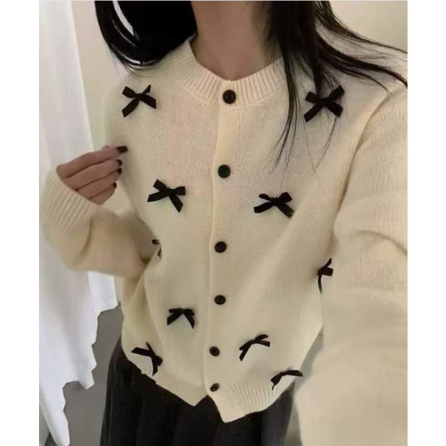 氛圍感甜美韓系立體蝴蝶結圓領針織開衫外套