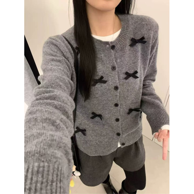 氛圍感甜美韓系立體蝴蝶結圓領針織開衫外套