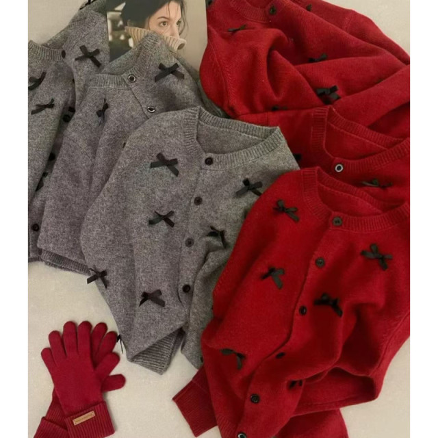 氛圍感甜美韓系立體蝴蝶結圓領針織開衫外套