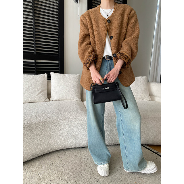 豹纹反折袖拼色仿羊羔毛加厚圓領保暖外套