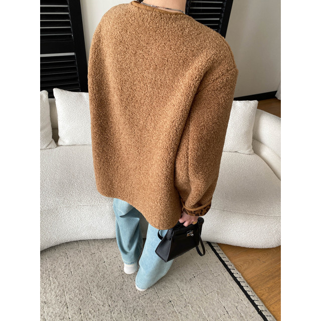 豹纹反折袖拼色仿羊羔毛加厚圓領保暖外套