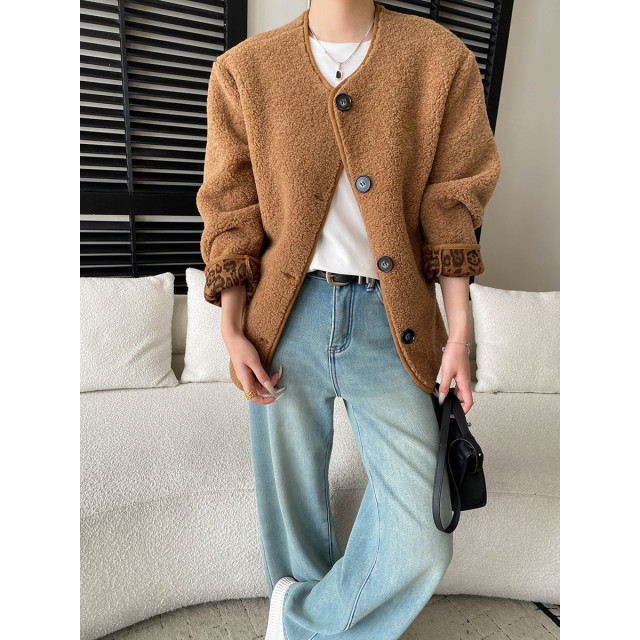 豹纹反折袖拼色仿羊羔毛加厚圓領保暖外套