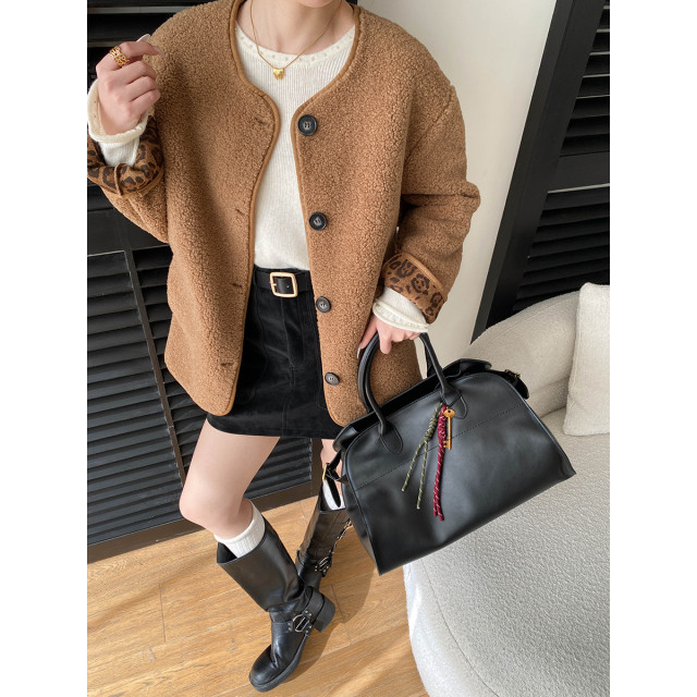 豹纹反折袖拼色仿羊羔毛加厚圓領保暖外套