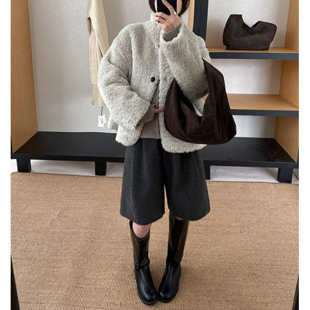 輕奢溫暖軟糯百搭卷毛仿羊羔毛厚立領外套