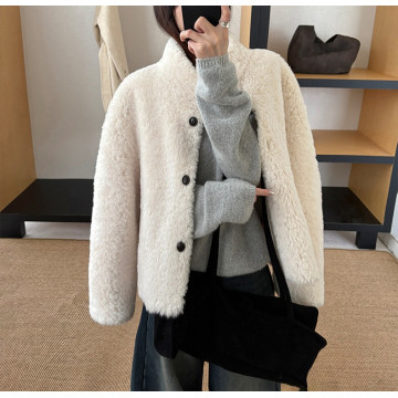 輕奢溫暖軟糯百搭卷毛仿羊羔毛厚立領外套