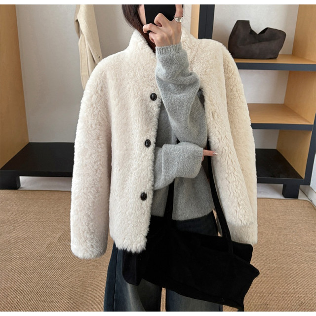 輕奢溫暖軟糯百搭卷毛仿羊羔毛厚立領外套