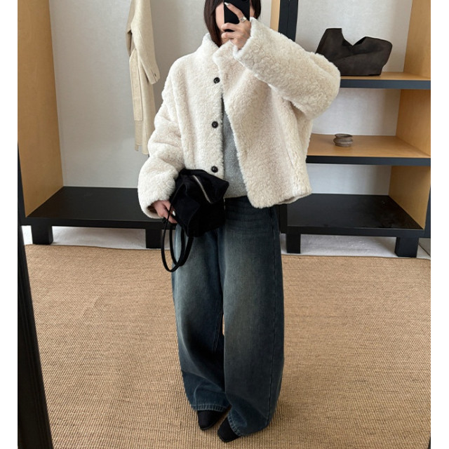 輕奢溫暖軟糯百搭卷毛仿羊羔毛厚立領外套