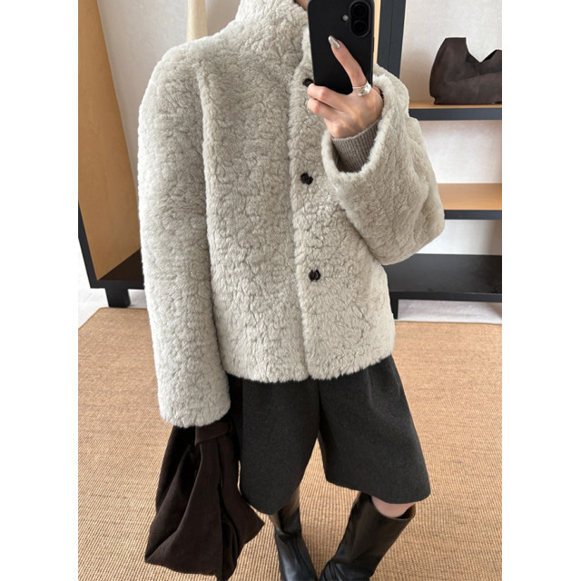 輕奢溫暖軟糯百搭卷毛仿羊羔毛厚立領外套