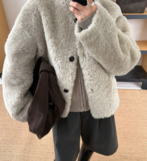 輕奢溫暖軟糯百搭卷毛仿羊羔毛厚立領外套