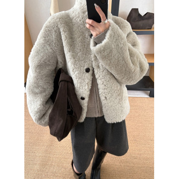 輕奢溫暖軟糯百搭卷毛仿羊羔毛厚立領外套