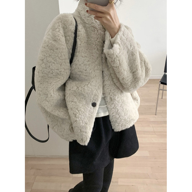 輕奢溫暖軟糯百搭卷毛仿羊羔毛厚立領外套