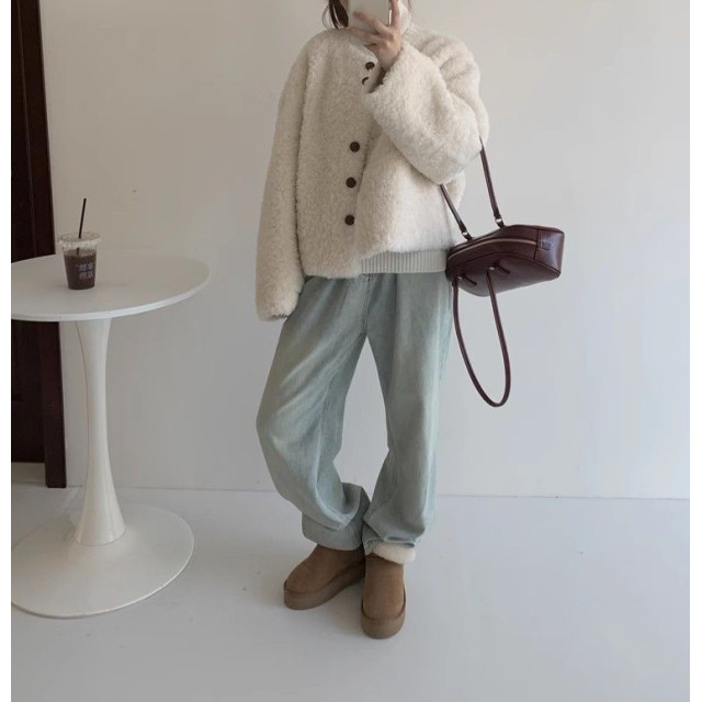 羊羔毛韓系寬鬆圓領大圓釦柔軟細膩保暖外套