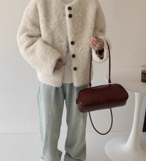 羊羔毛韓系寬鬆圓領大圓釦柔軟細膩保暖外套