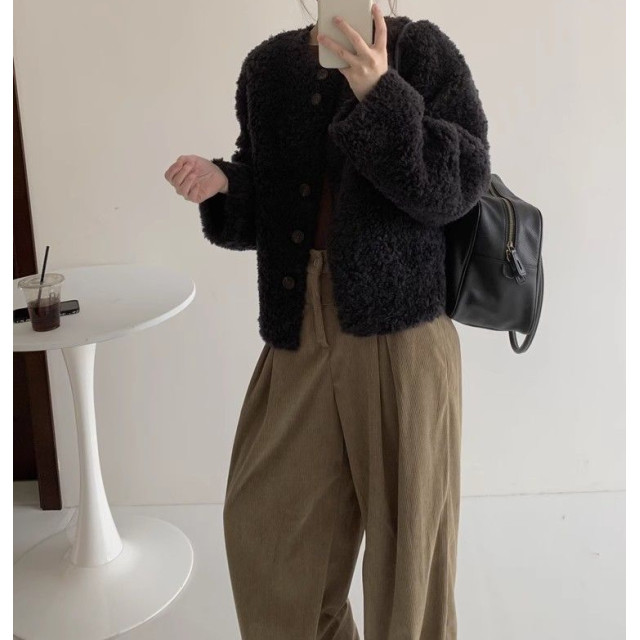 羊羔毛韓系寬鬆圓領大圓釦柔軟細膩保暖外套