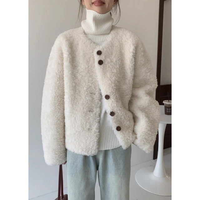 羊羔毛韓系寬鬆圓領大圓釦柔軟細膩保暖外套