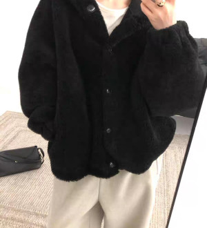 韓系百搭休閒排釦連帽加厚毛毛保暖外套