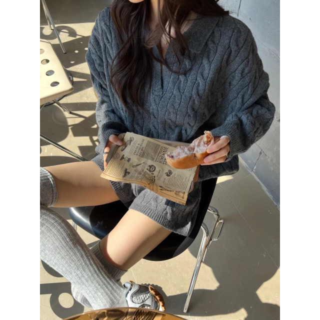 Casual polo領慵懶風麻花針織衫套裝/高腰短褲毛衣兩件套