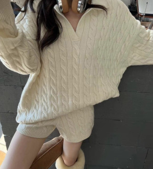 Casual polo領慵懶風麻花針織衫套裝/高腰短褲毛衣兩件套