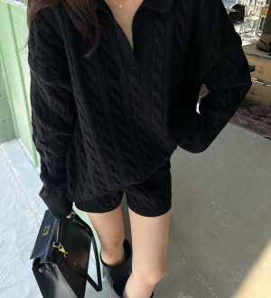 Casual polo領慵懶風麻花針織衫套裝/高腰短褲毛衣兩件套